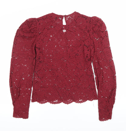 Primark Women’s Red Lace Blouse Size 8 Puff Sleeve Tunic Party Top