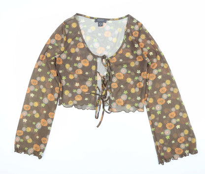 Primark Women’s Brown Floral Sheer Cropped Blouse Scoop Neck Size S