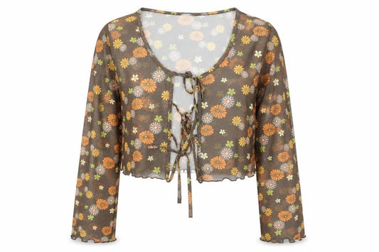 Primark Women’s Brown Floral Sheer Cropped Blouse Scoop Neck Size S
