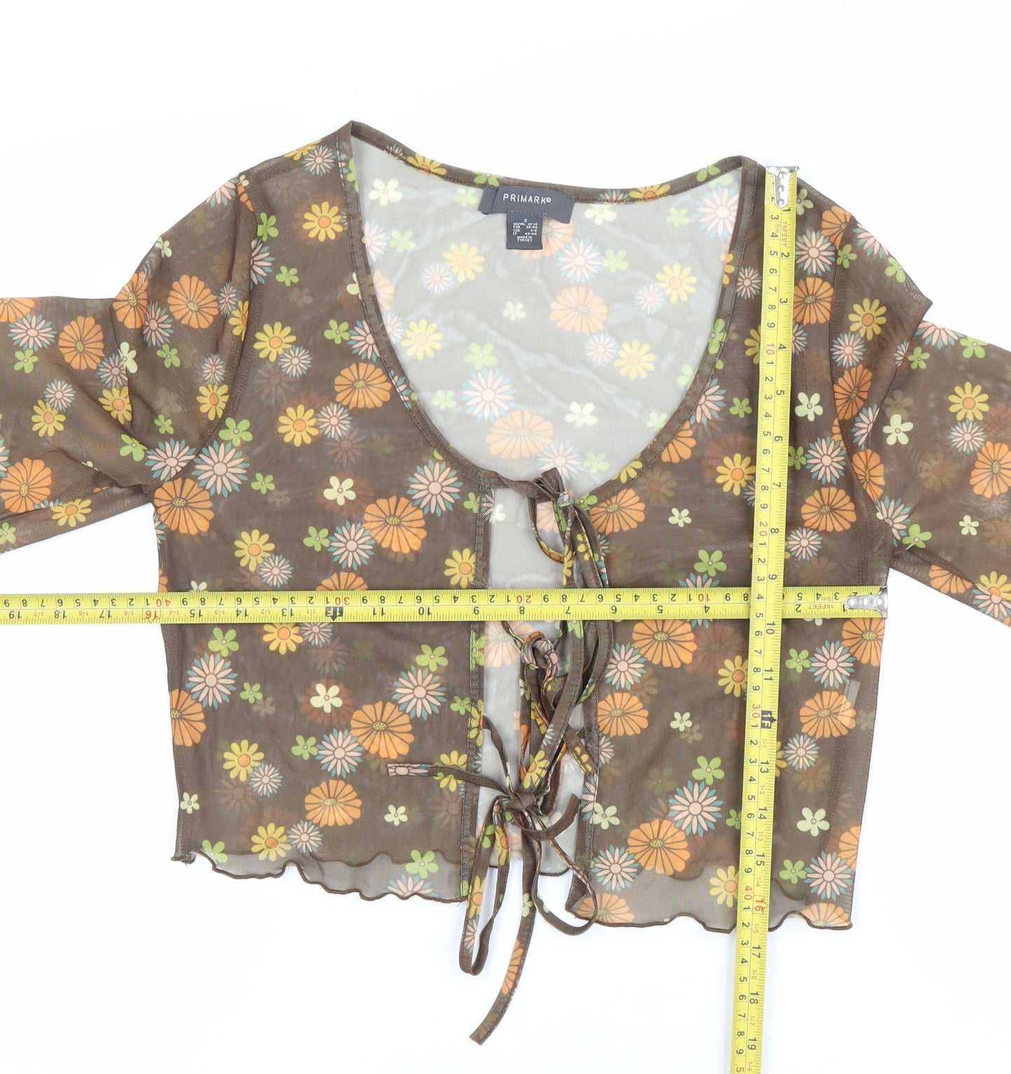 Primark Women’s Brown Floral Sheer Cropped Blouse Scoop Neck Size S