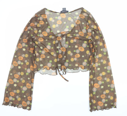 Primark Women’s Brown Floral Sheer Cropped Blouse Scoop Neck Size S