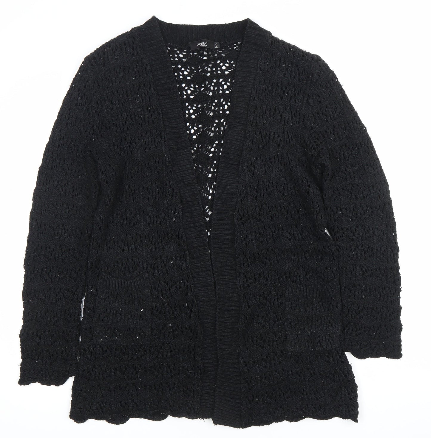 Glimpse Design Unisex Black Open-Knit Crochet Cardigan M V-Neck