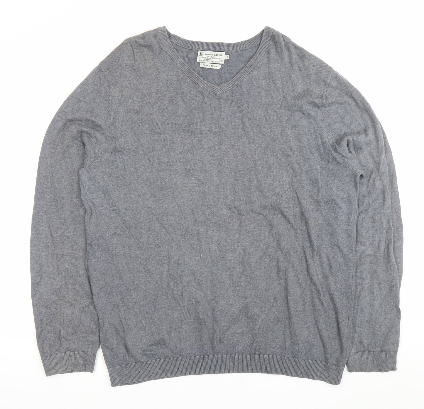 Tu Mens Grey Cotton V-Neck Pullover Jumper Size L