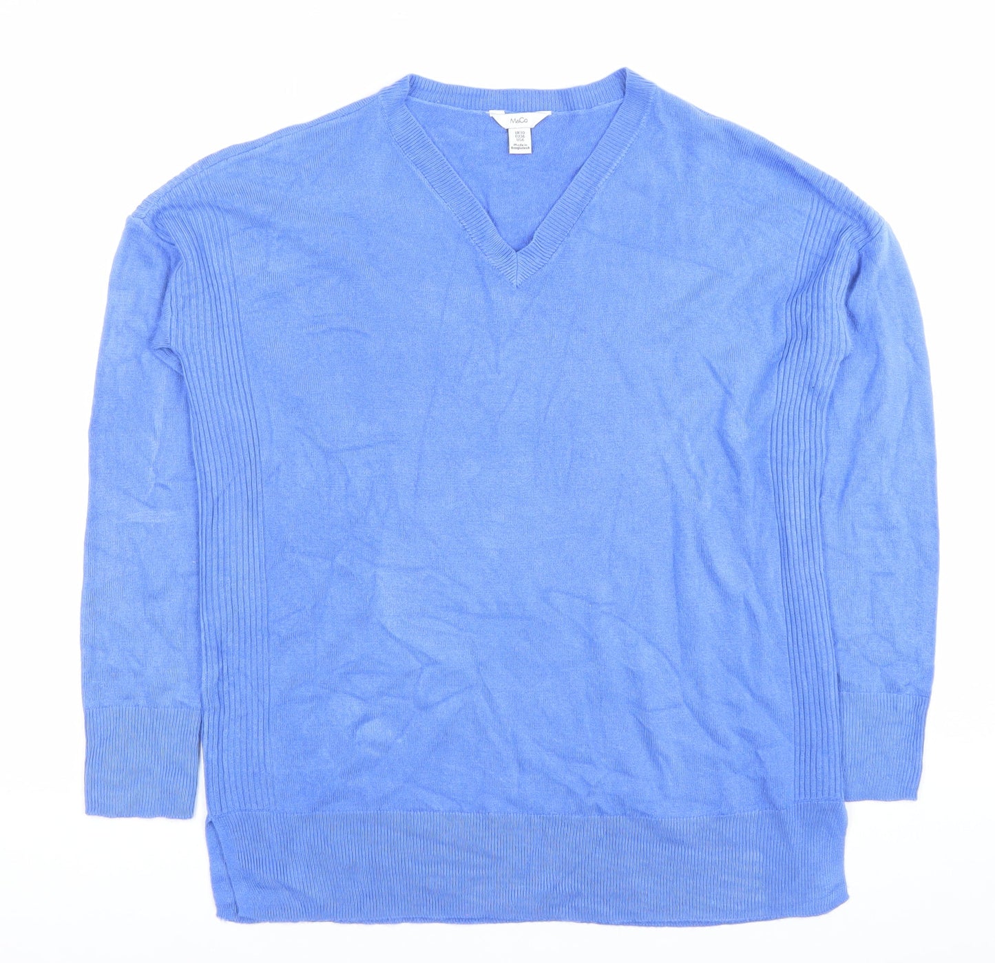 M&Co Womens Blue V-Neck Acrylic Pullover Jumper UK 10 Long Sleeve