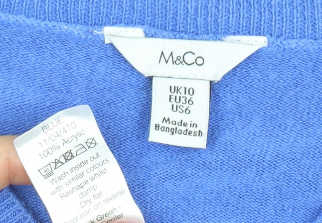M&Co Womens Blue V-Neck Acrylic Pullover Jumper UK 10 Long Sleeve