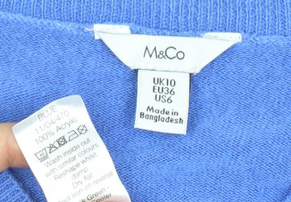 M&Co Womens Blue V-Neck Acrylic Pullover Jumper UK 10 Long Sleeve
