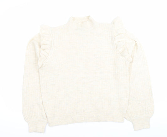 New Look Womens Beige Mock Neck Ruffle Jumper Size 14