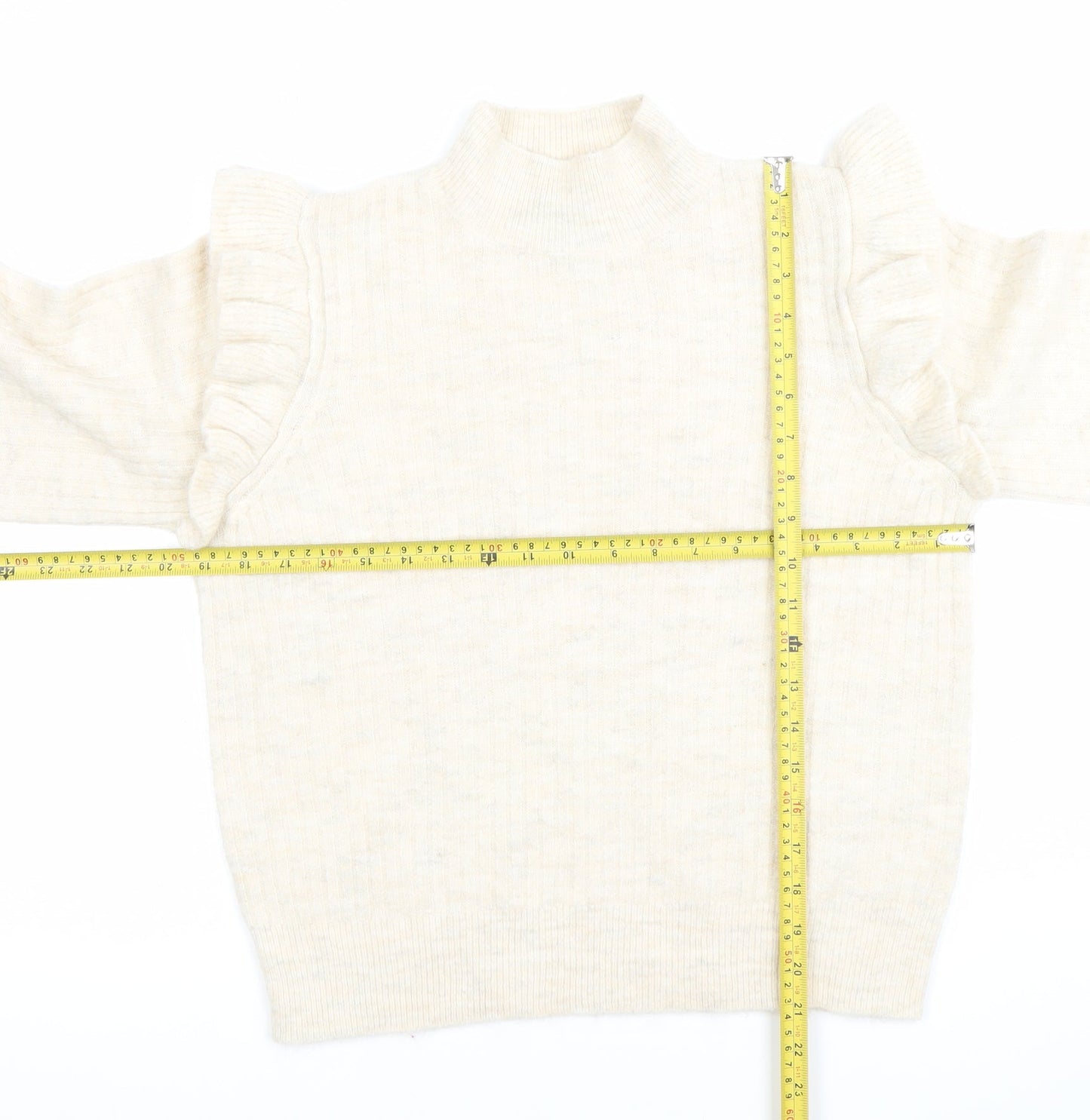 New Look Womens Beige Mock Neck Ruffle Jumper Size 14