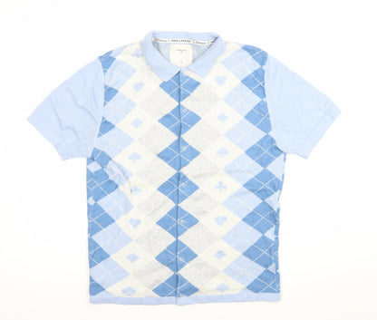 Percival Men’s Blue Argyle Polo Shirt M Cotton Short Sleeve