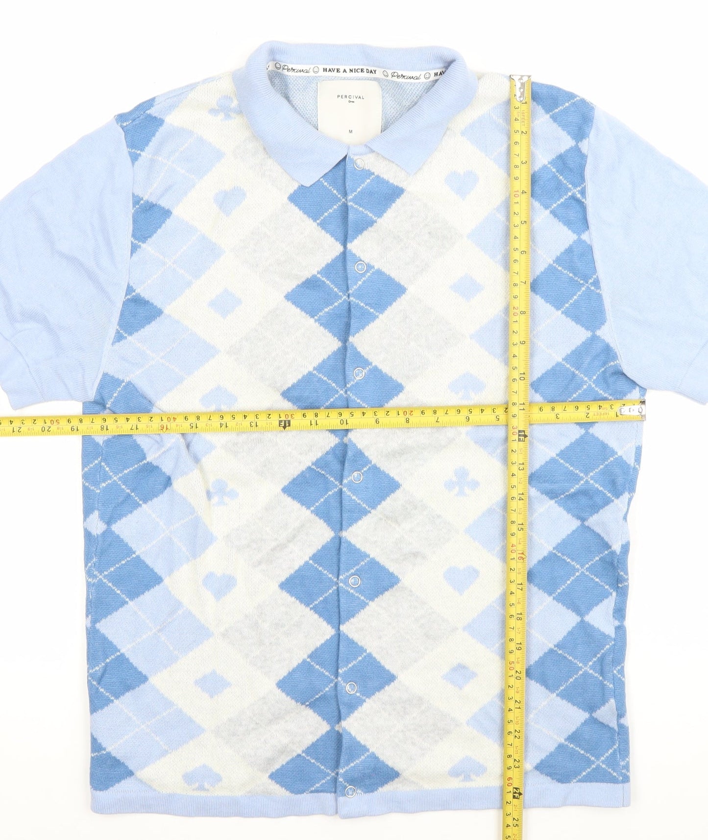 Percival Men’s Blue Argyle Polo Shirt M Cotton Short Sleeve