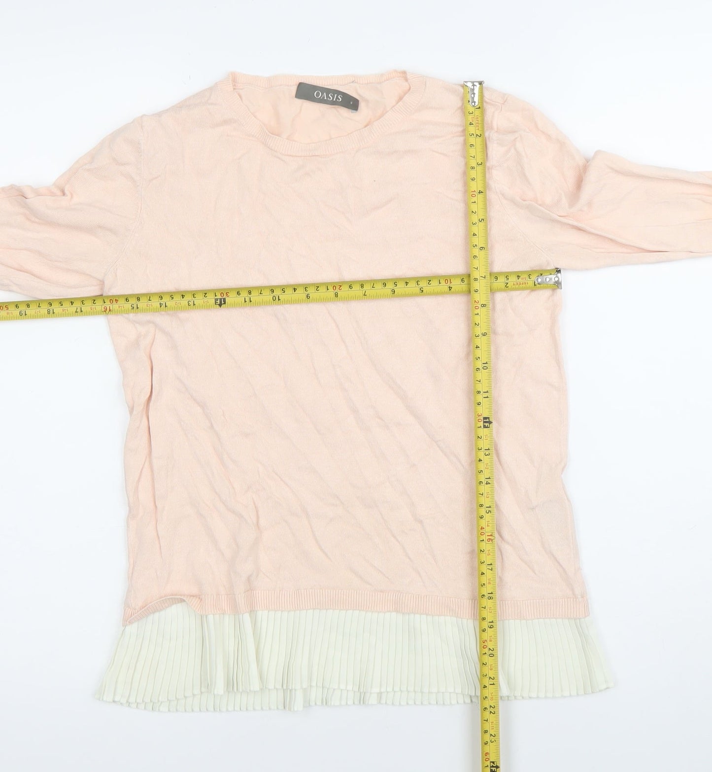 Oasis Womens Pink Pleated Hem Crew Neck Long Sleeve Jumper Size S
