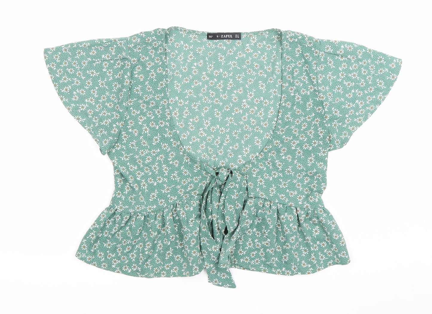 Zaful Women’s Green Floral Wrap Blouse Size 8 Tie Waist Summer Top