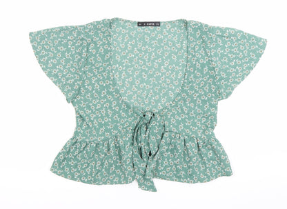 Zaful Women’s Green Floral Wrap Blouse Size 8 Tie Waist Summer Top