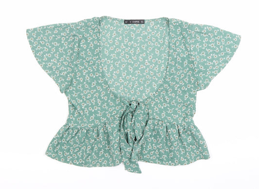 Zaful Women’s Green Floral Wrap Blouse Size 8 Tie Waist Summer Top