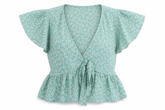 Zaful Women’s Green Floral Wrap Blouse Size 8 Tie Waist Summer Top