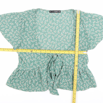 Zaful Women’s Green Floral Wrap Blouse Size 8 Tie Waist Summer Top