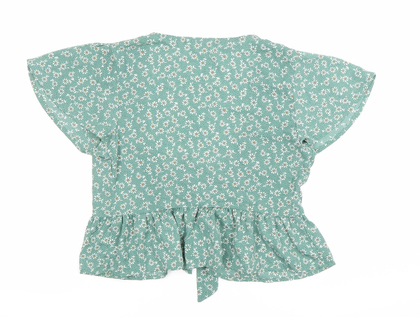 Zaful Women’s Green Floral Wrap Blouse Size 8 Tie Waist Summer Top