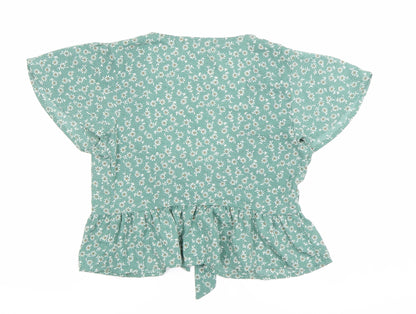 Zaful Women’s Green Floral Wrap Blouse Size 8 Tie Waist Summer Top