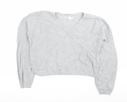 Hollister Womens Grey XS Wrap V-Neck Knit Jumper Long Sleeve