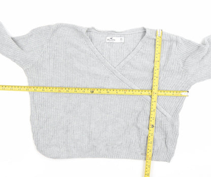 Hollister Womens Grey XS Wrap V-Neck Knit Jumper Long Sleeve