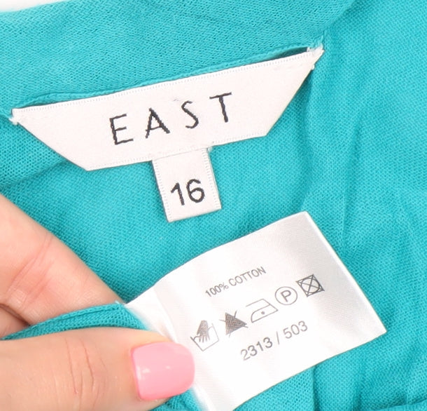 East Women’s Green Cotton Tunic Blouse Size 16 V-Neck Short Sleeve