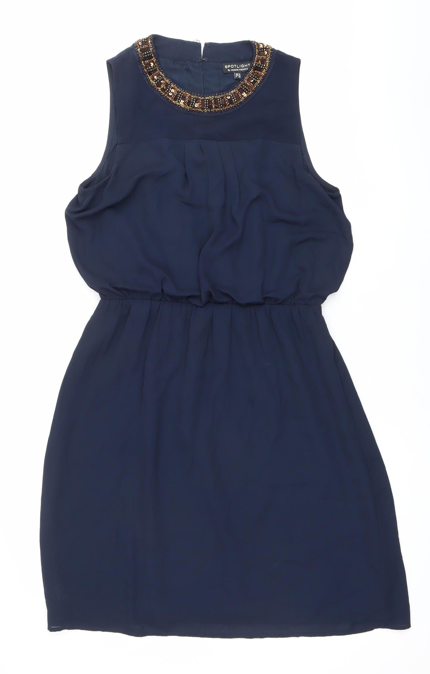 Warehouse Womens Blue Beaded Shift Dress UK 14 Knee Length Sleeveless