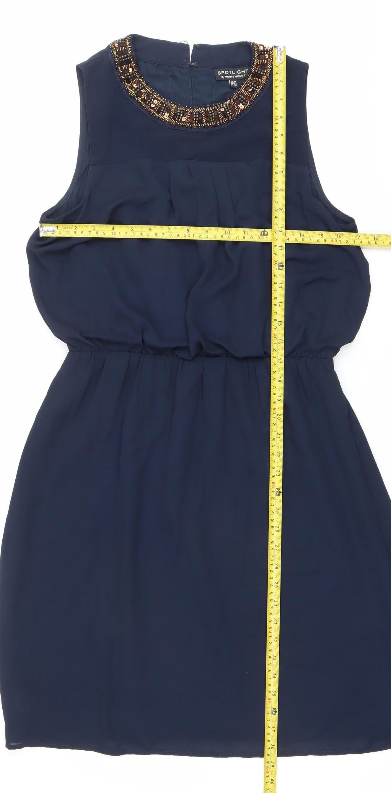 Warehouse Womens Blue Beaded Shift Dress UK 14 Knee Length Sleeveless