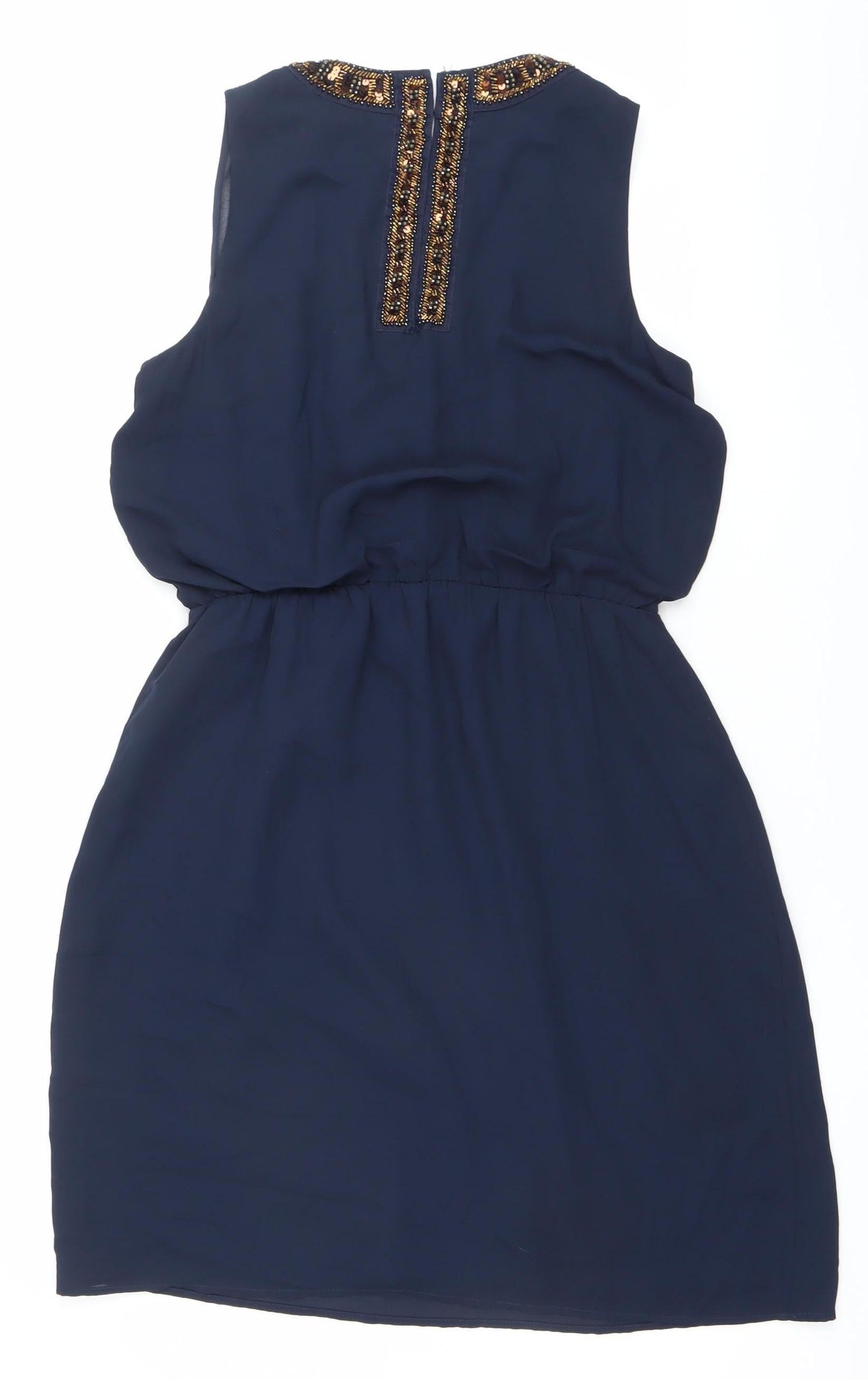 Warehouse Womens Blue Beaded Shift Dress UK 14 Knee Length Sleeveless