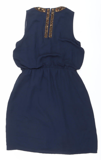 Warehouse Womens Blue Beaded Shift Dress UK 14 Knee Length Sleeveless