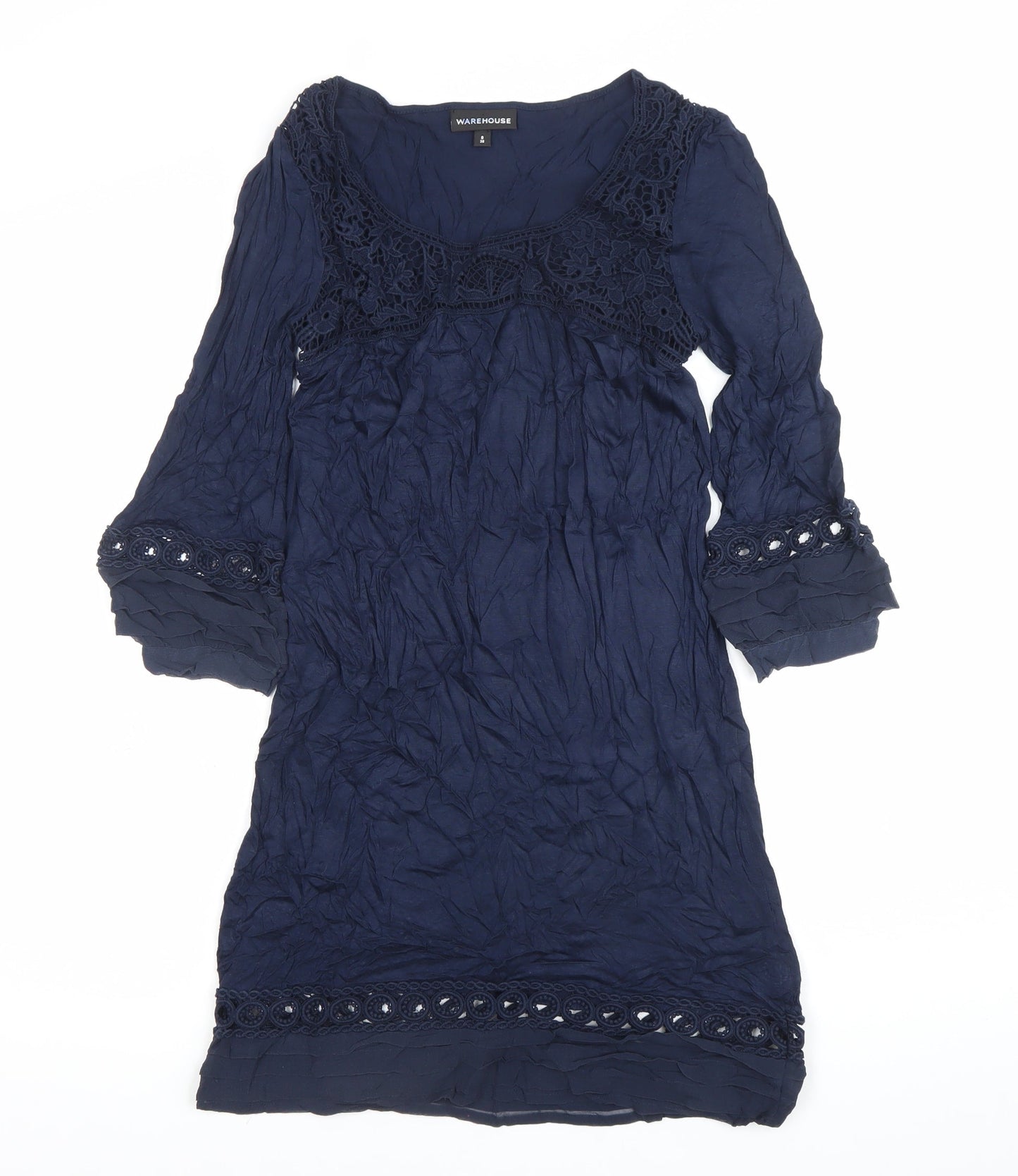 Warehouse Women's Blue Size 8 Shift Dress Lace 3/4 Sleeve Scoop Neck