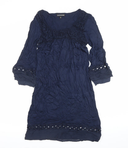 Warehouse Women's Blue Size 8 Shift Dress Lace 3/4 Sleeve Scoop Neck