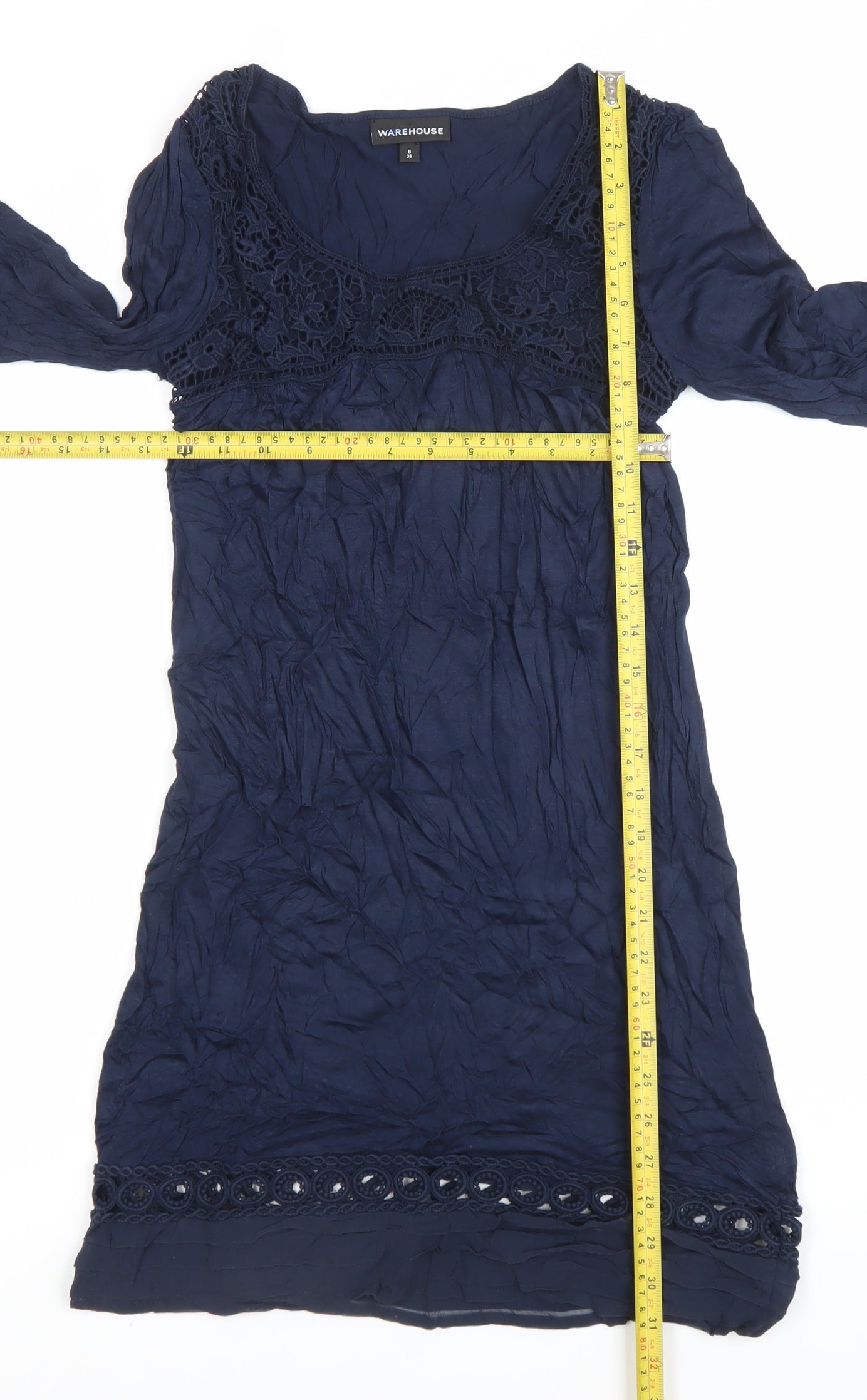 Warehouse Women's Blue Size 8 Shift Dress Lace 3/4 Sleeve Scoop Neck