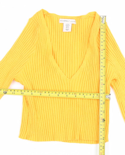 Sincerely Jules Womens Yellow V-Neck Ribbed Knit Jumper XS