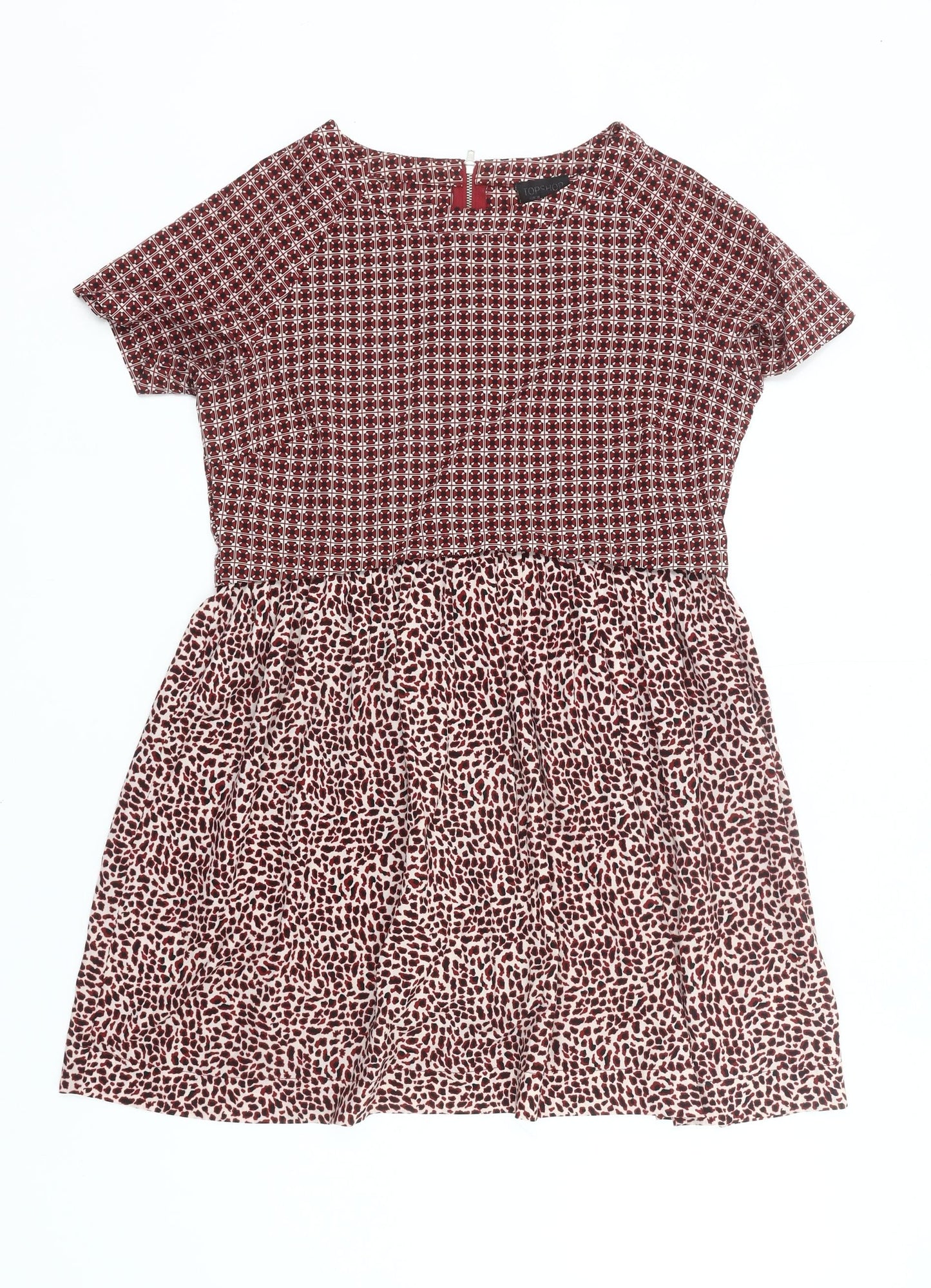 Topshop Women’s Red Skater Dress UK 10 Short Sleeve Retro Print