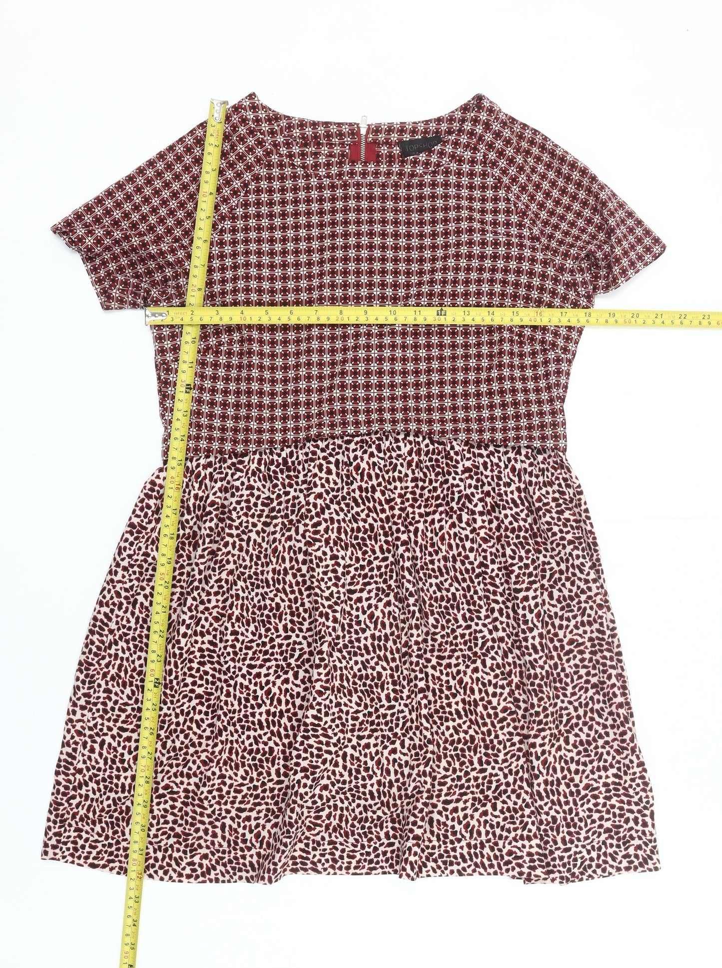 Topshop Women’s Red Skater Dress UK 10 Short Sleeve Retro Print