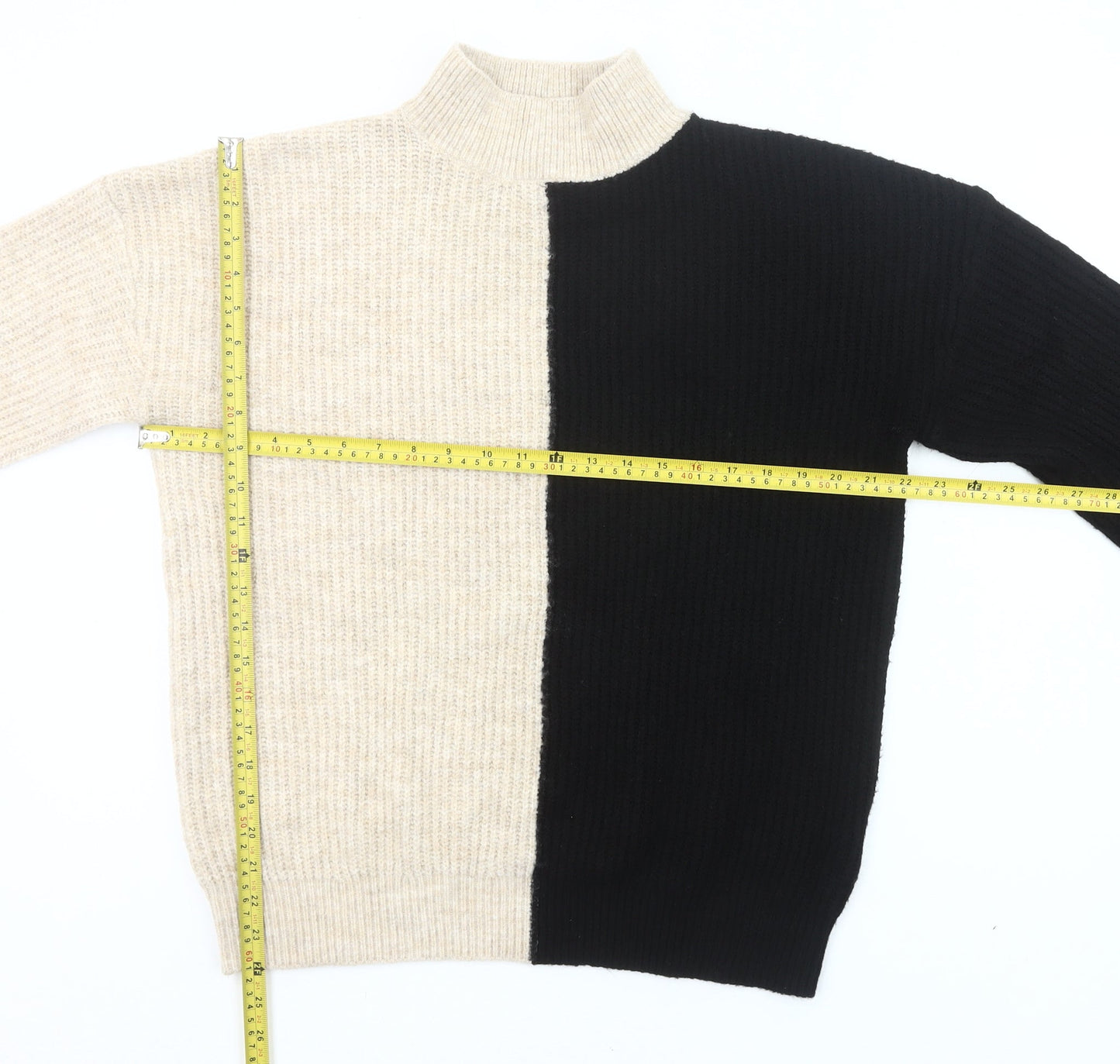 New Look Women’s Beige Black Mock Neck Ribbed Knit Pullover Jumper M
