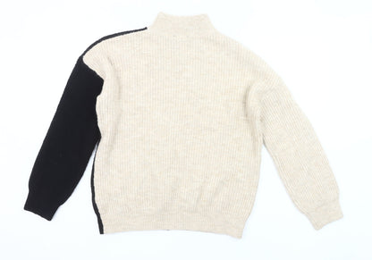 New Look Women’s Beige Black Mock Neck Ribbed Knit Pullover Jumper M