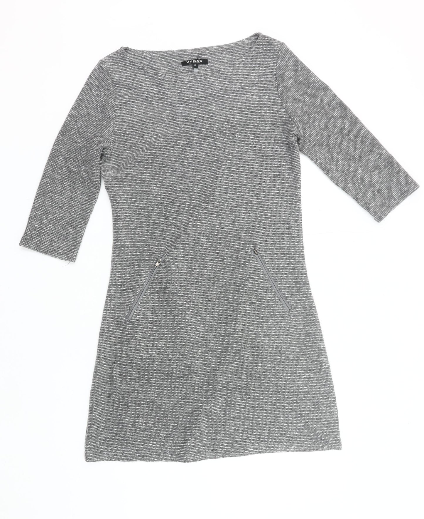 Vegas Women Grey Knit Shift Dress Size S 3/4 Sleeve Knee Length