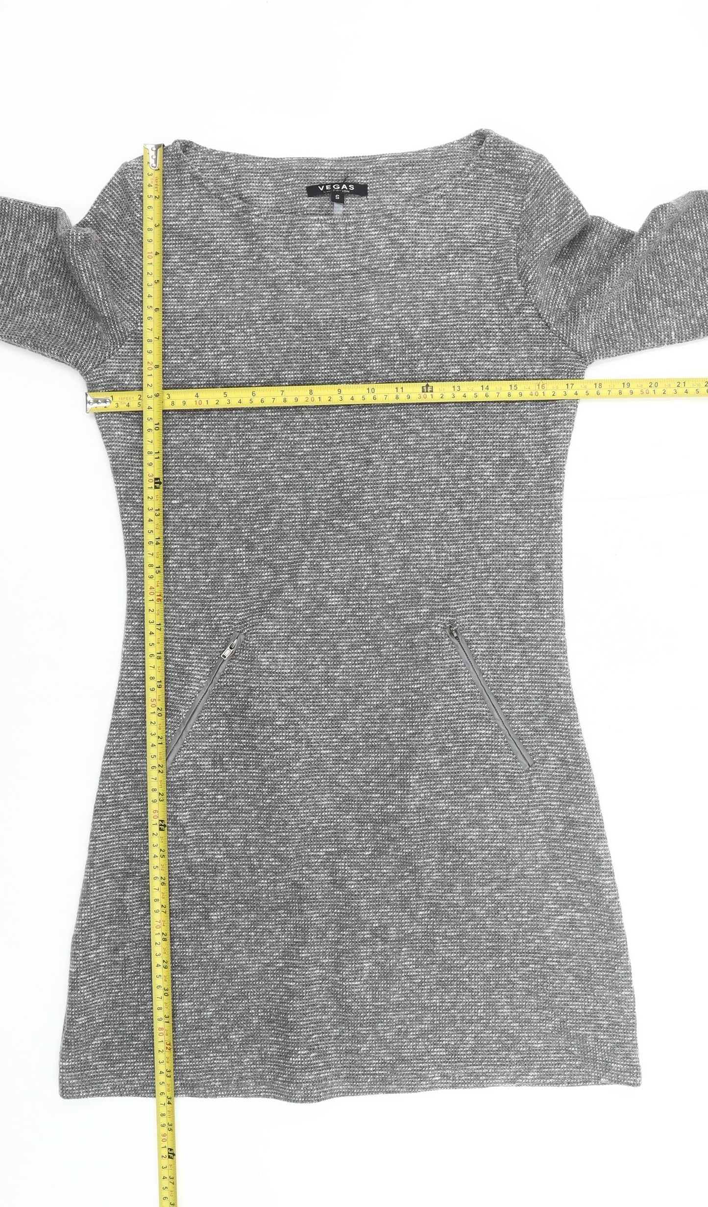 Vegas Women Grey Knit Shift Dress Size S 3/4 Sleeve Knee Length