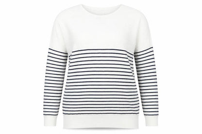 Front view of Linea Weekend women’s white navy striped jumper l crew neck knit