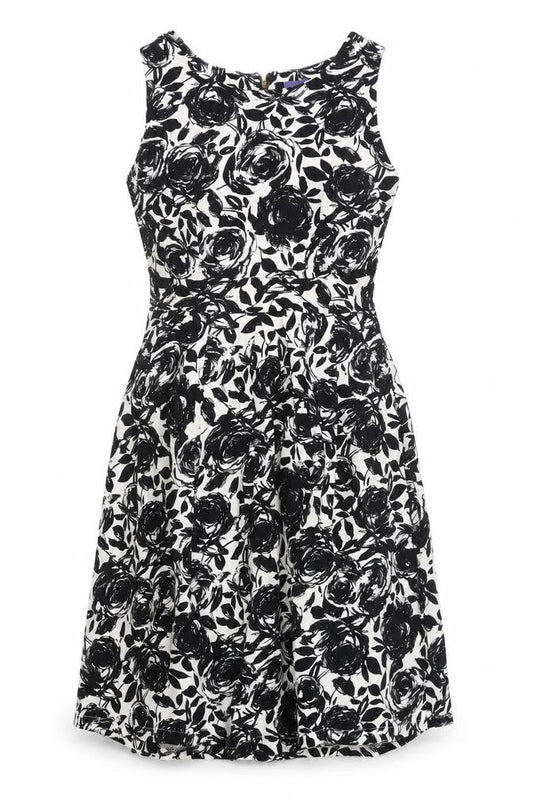 Autonomy Womens Black White Floral Fit & Flare Dress Size 10