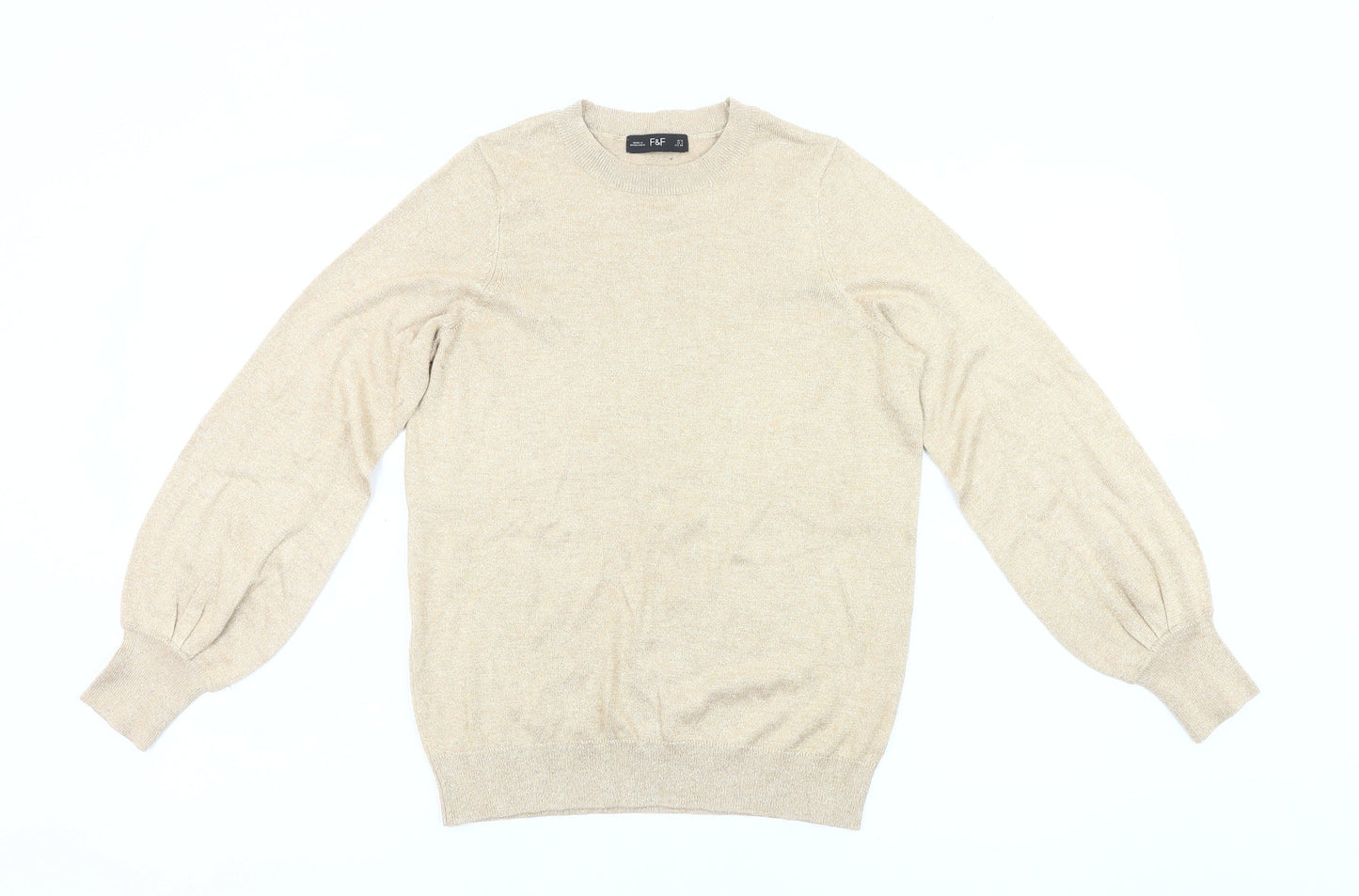 F&F Women’s Beige Jumper UK 10 Crew Neck Long Puff Sleeve Knit