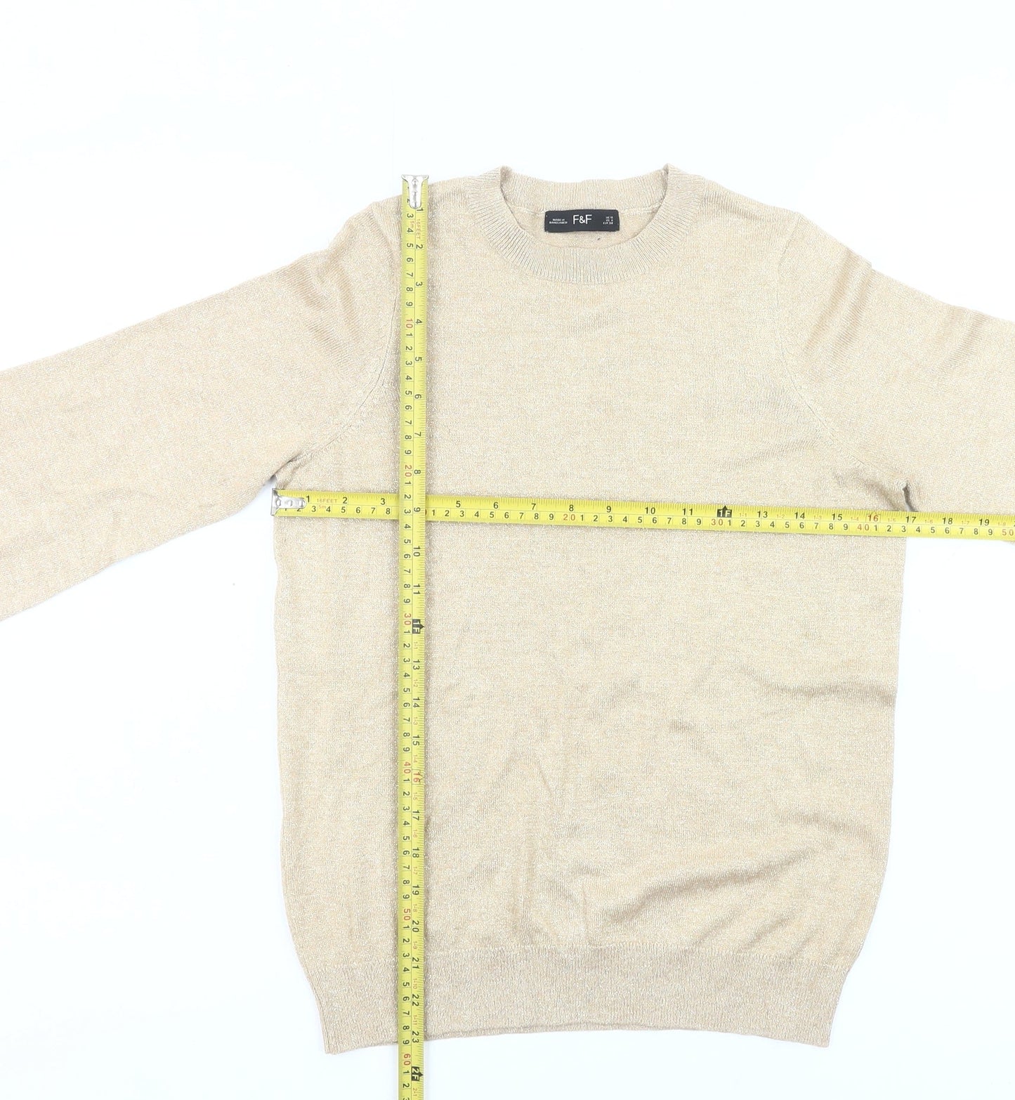 F&F Women’s Beige Jumper UK 10 Crew Neck Long Puff Sleeve Knit