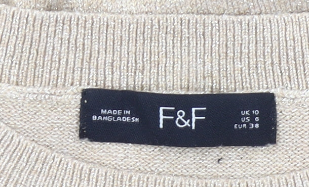 F&F Women’s Beige Jumper UK 10 Crew Neck Long Puff Sleeve Knit