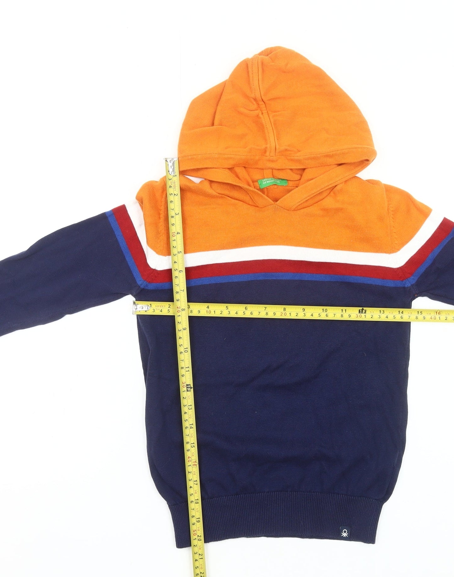 United Colors of Benetton Boys Orange Blue Pullover Hoodie Jumper Size 9Y
