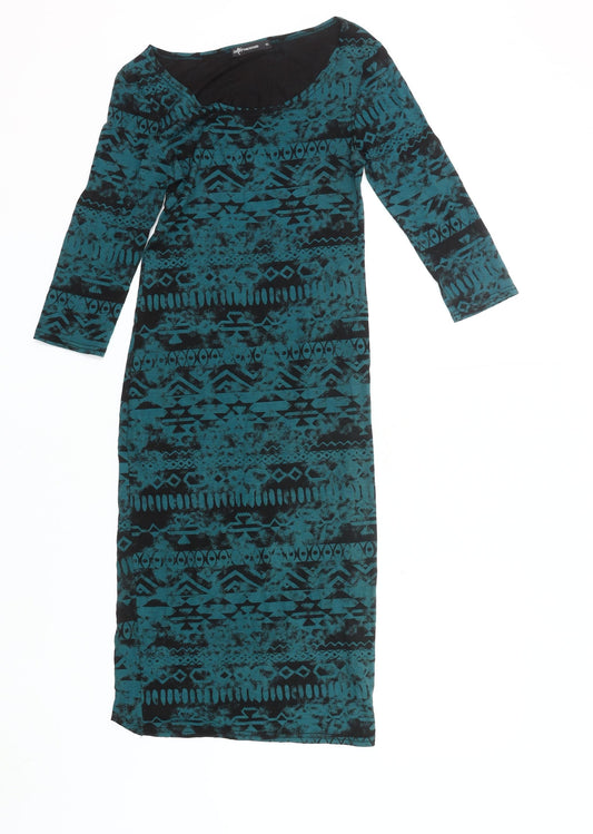 Internacionale Women’s Green Black Aztec Bodycon Dress Size 10