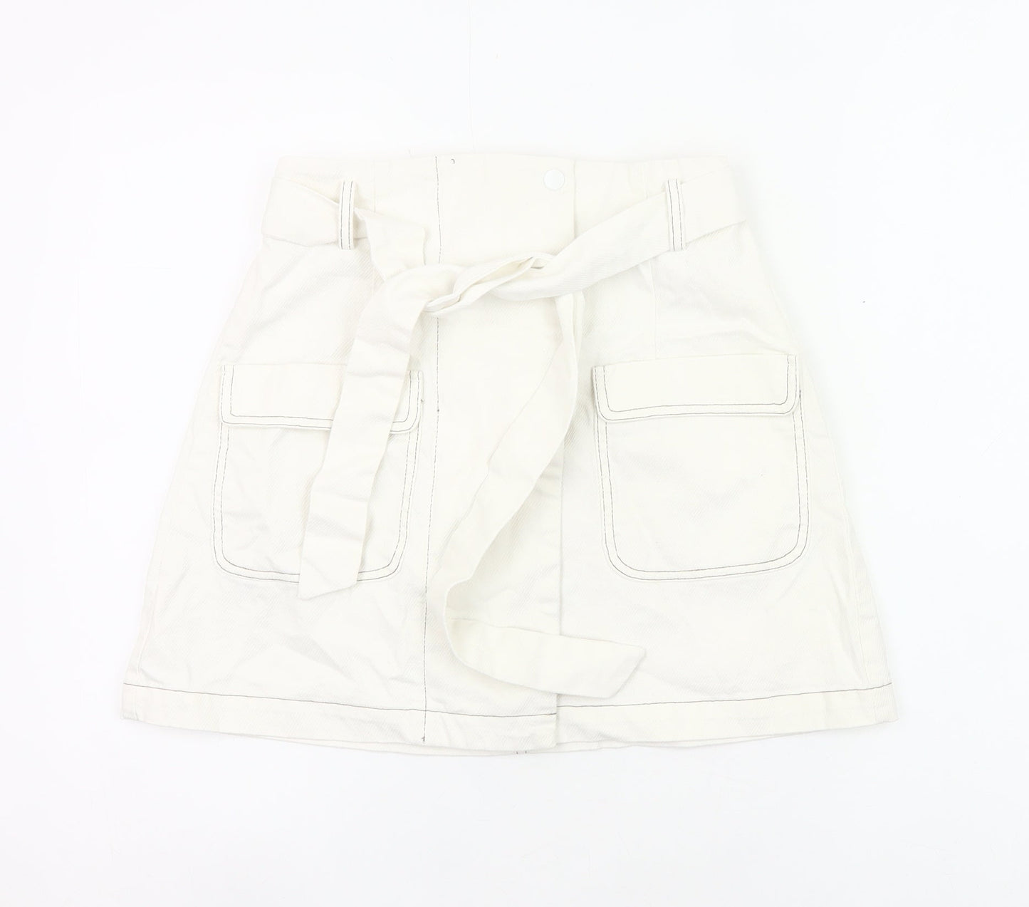 Urban Revivo Womens White Cargo Skirt Size 8 Cotton Pockets Belted