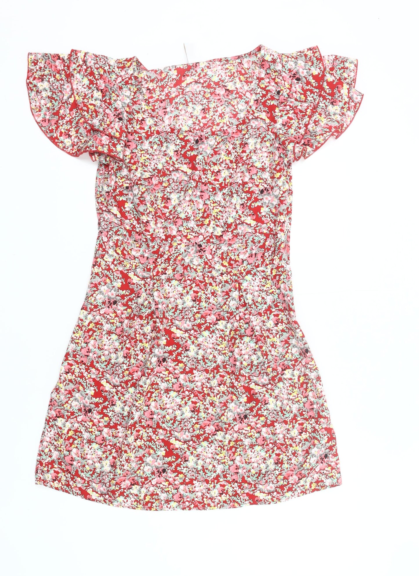 Vila Women Red Floral A-Line Short Dress Size S Summer Casual