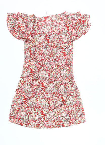 Vila Women Red Floral A-Line Short Dress Size S Summer Casual