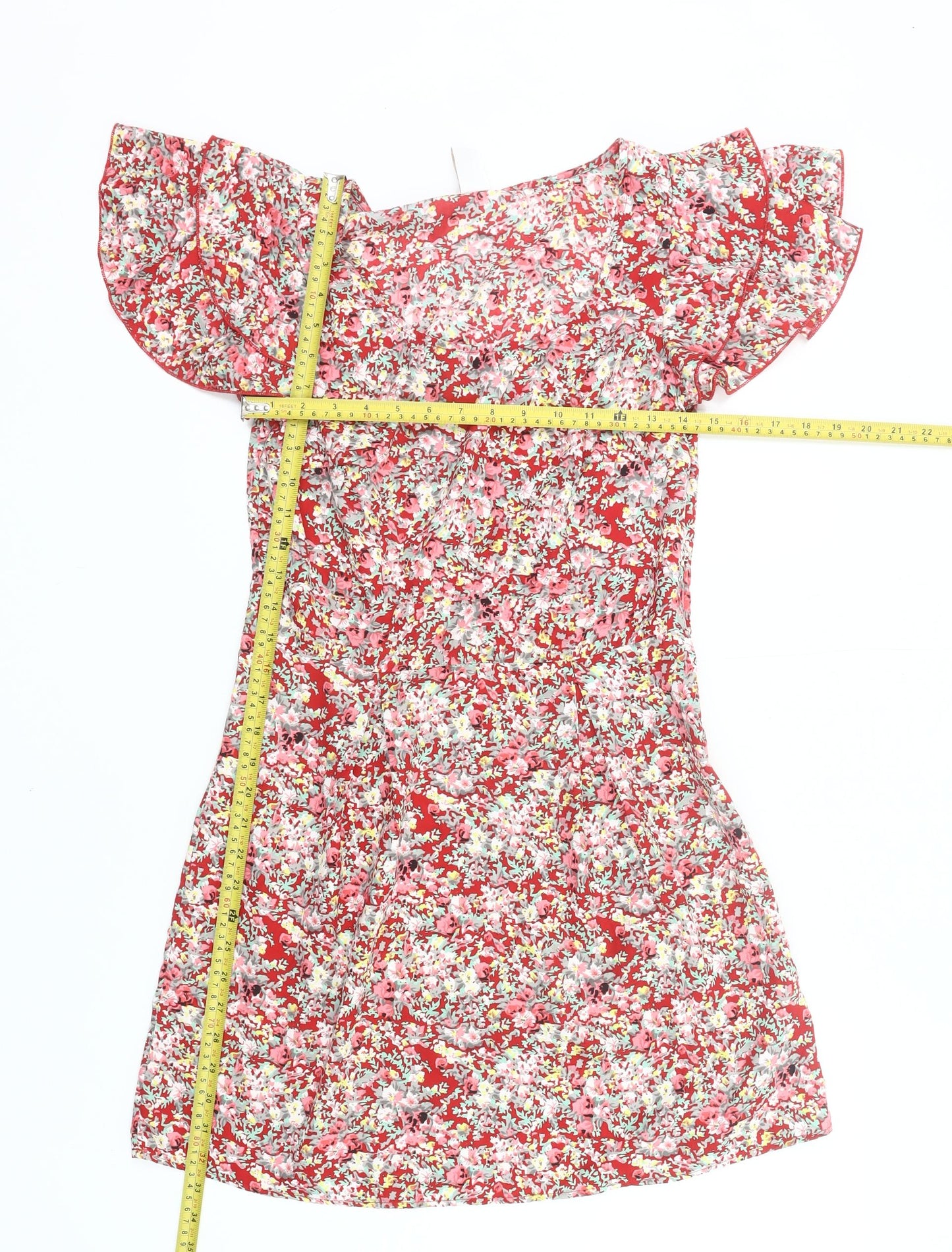 Vila Women Red Floral A-Line Short Dress Size S Summer Casual